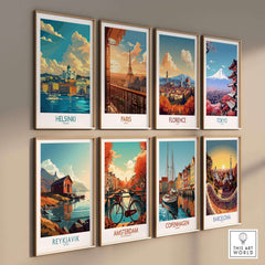 Helsinki Travel Poster - Finland and other travel posters displayed on a wall, showcasing iconic cities.