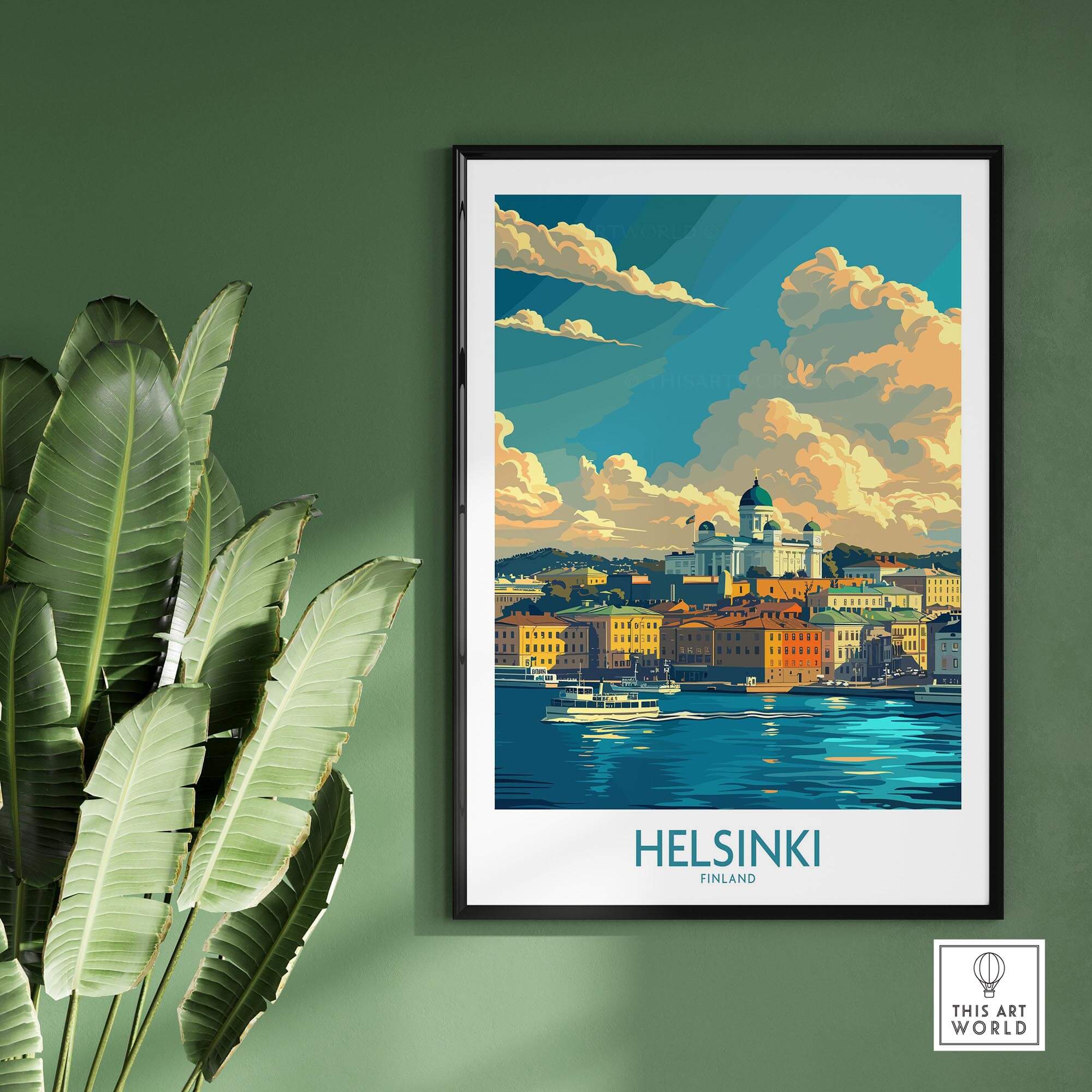 Helsinki Travel Poster - Finland showcasing the vibrant cityscape and scenic waterfront of Helsinki in a colorful print.