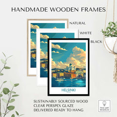 Helsinki Travel Poster - Finland displayed in handmade wooden frames in natural, white, and black finishes.
