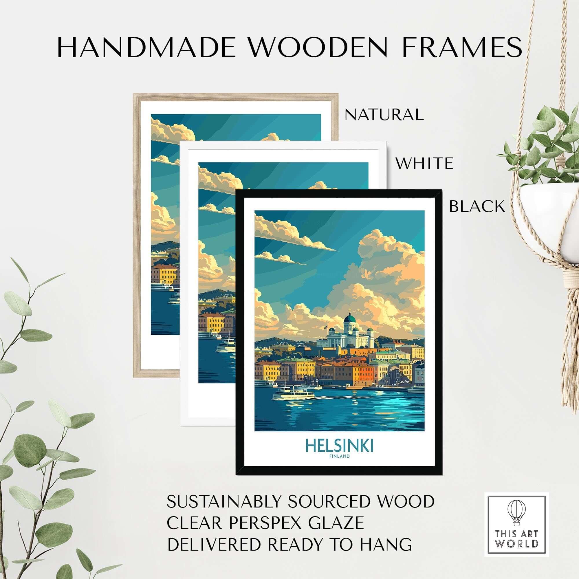 Helsinki Travel Poster - Finland displayed in handmade wooden frames in natural, white, and black finishes.