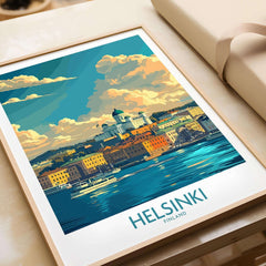 Helsinki Travel Poster - Finland showcasing vibrant cityscape with colorful buildings and blue water.