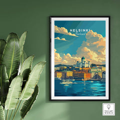 Helsinki Travel Print - Finland stunning poster showcasing the vibrant cityscape of Helsinki by the water.