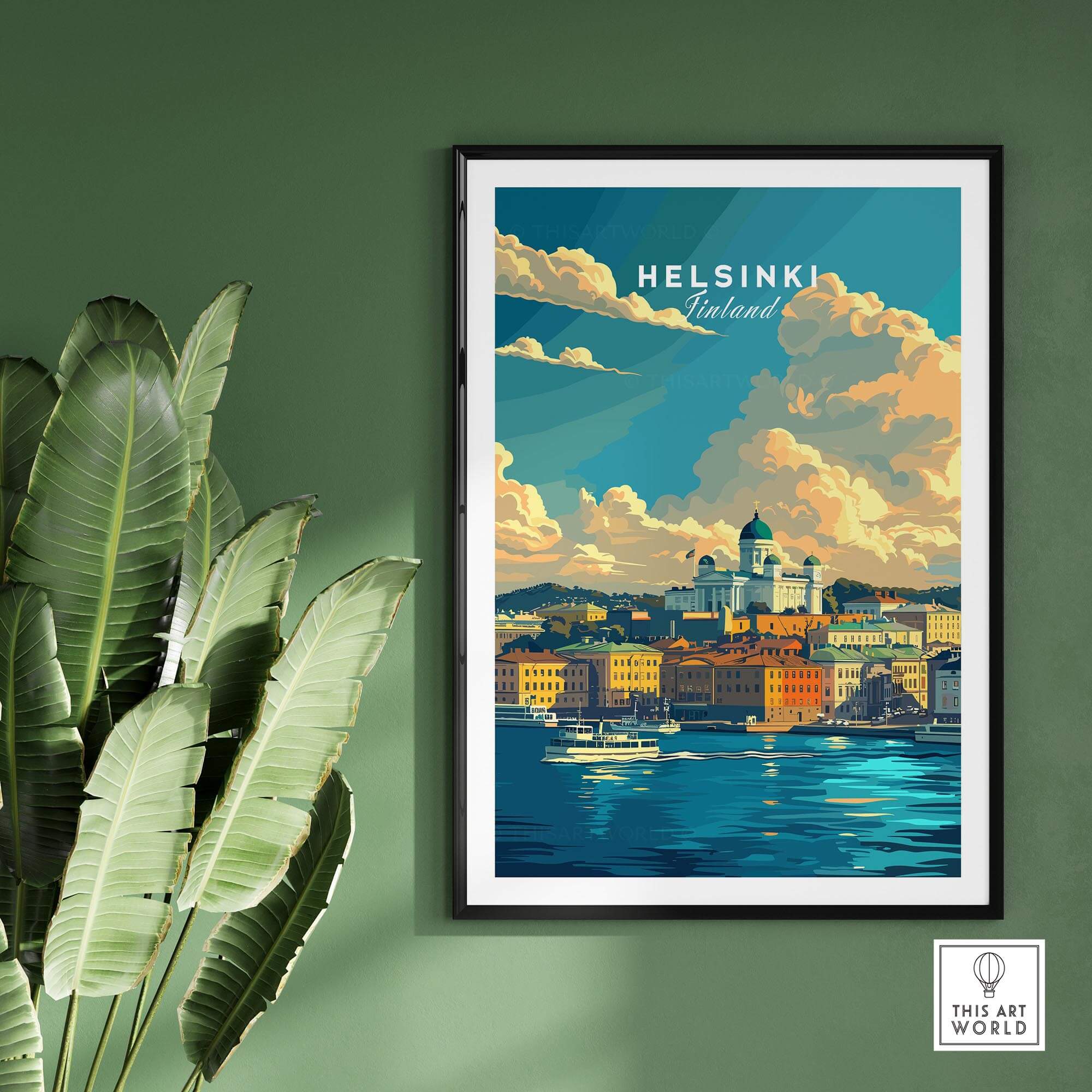 Helsinki Travel Print - Finland stunning poster showcasing the vibrant cityscape of Helsinki by the water.
