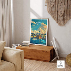 Helsinki Travel Print - Finland displayed in a stylish living space, showcasing the city's skyline and vibrant colors.