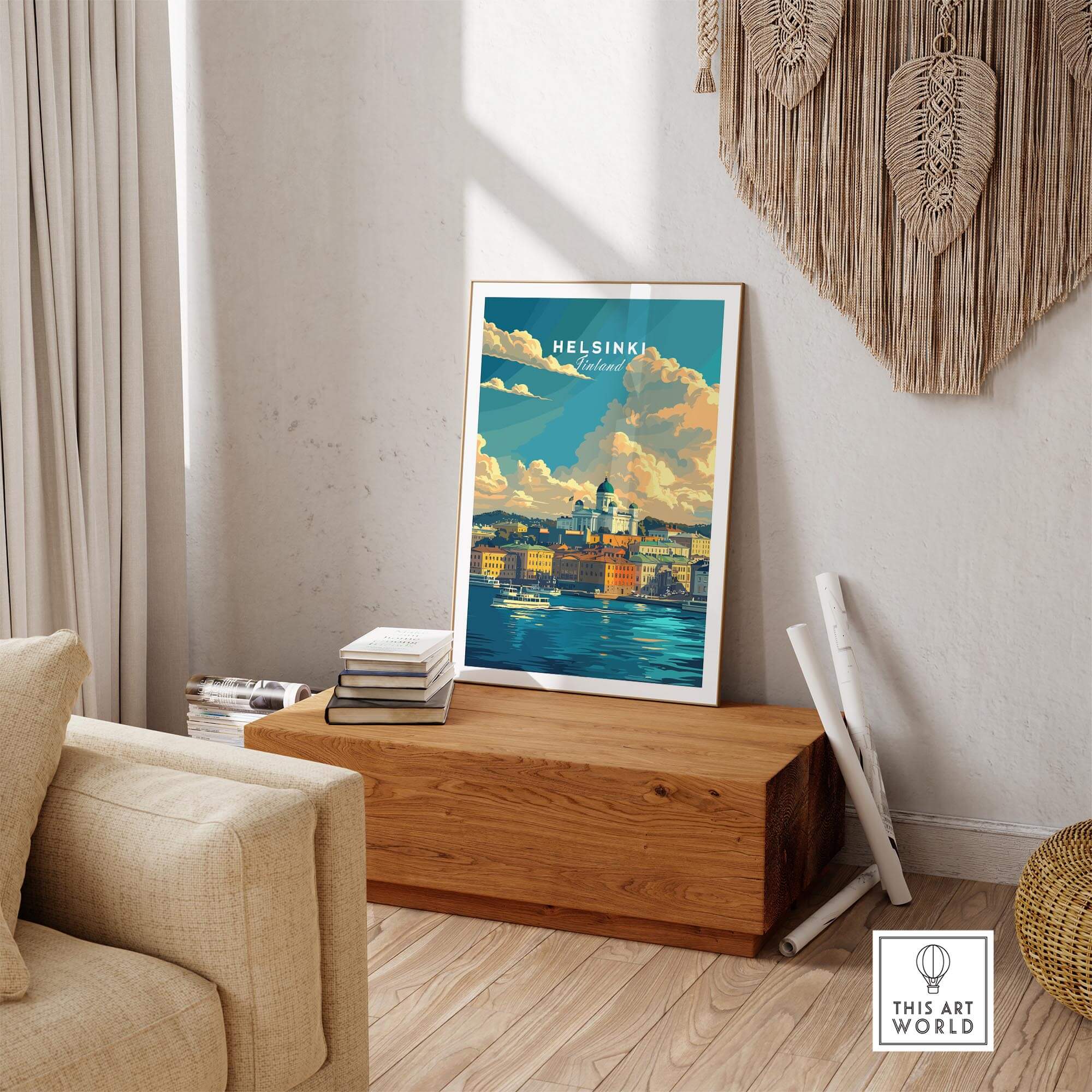Helsinki Travel Print - Finland displayed in a stylish living space, showcasing the city's skyline and vibrant colors.