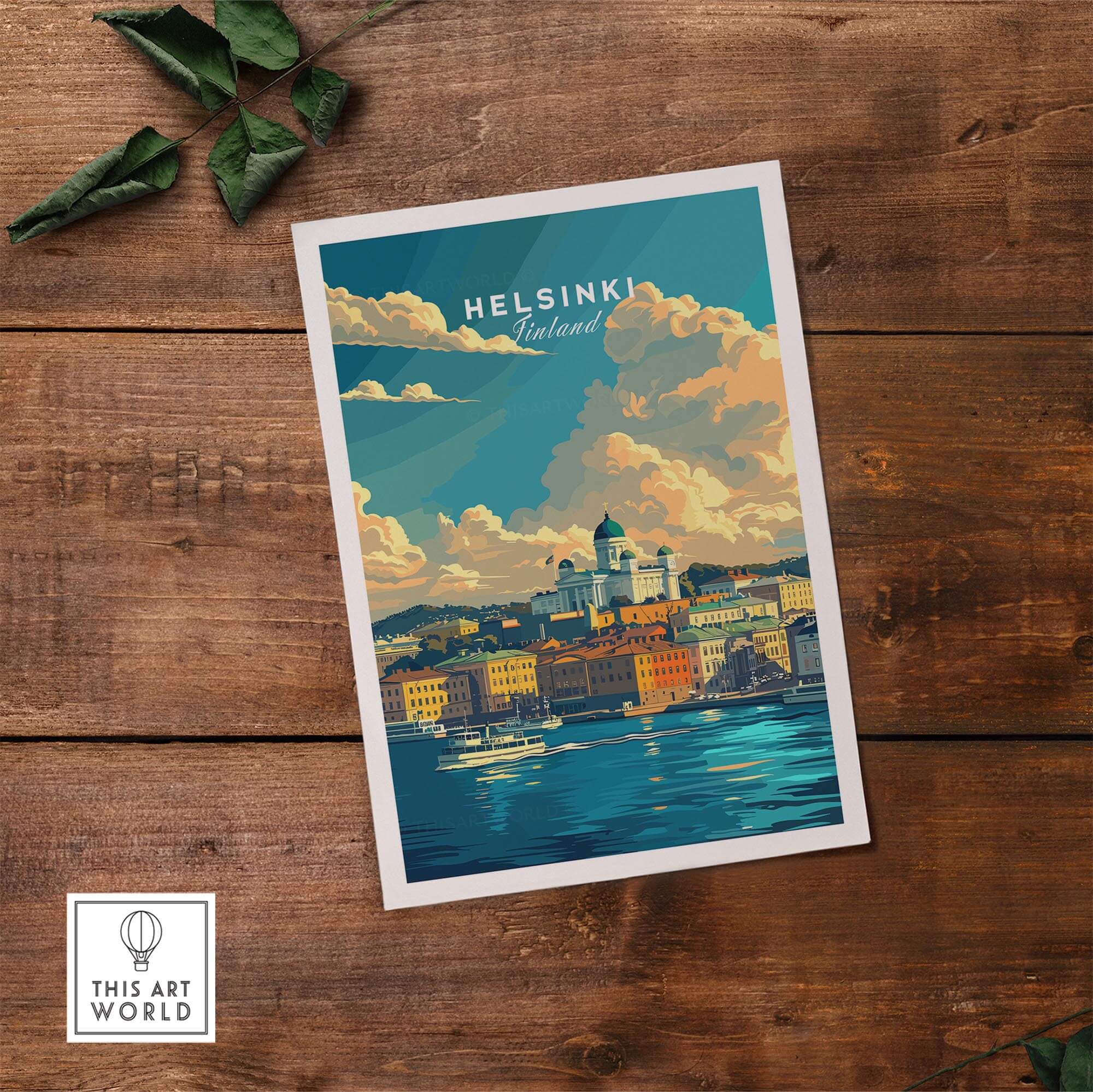 Helsinki Travel Print - Finland showcasing the vibrant cityscape and colorful architecture of Helsinki against a scenic sky.