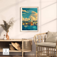 Helsinki Travel Print - Finland displayed in a stylish room setting with a coastal view and modern decor.