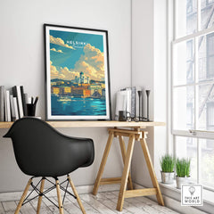 Helsinki Travel Print - Finland showcasing the vibrant architecture and scenery of Helsinki in a stylish home office setting.
