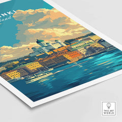 Helsinki Travel Print - Finland showcasing the vibrant skyline and waterfront of Helsinki.