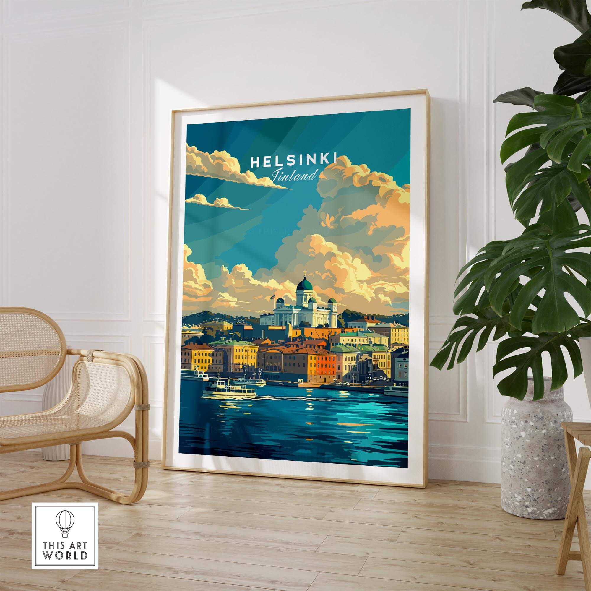 Helsinki Travel Print - Finland poster showcasing the vibrant cityscape and harbor of Helsinki, Finland.