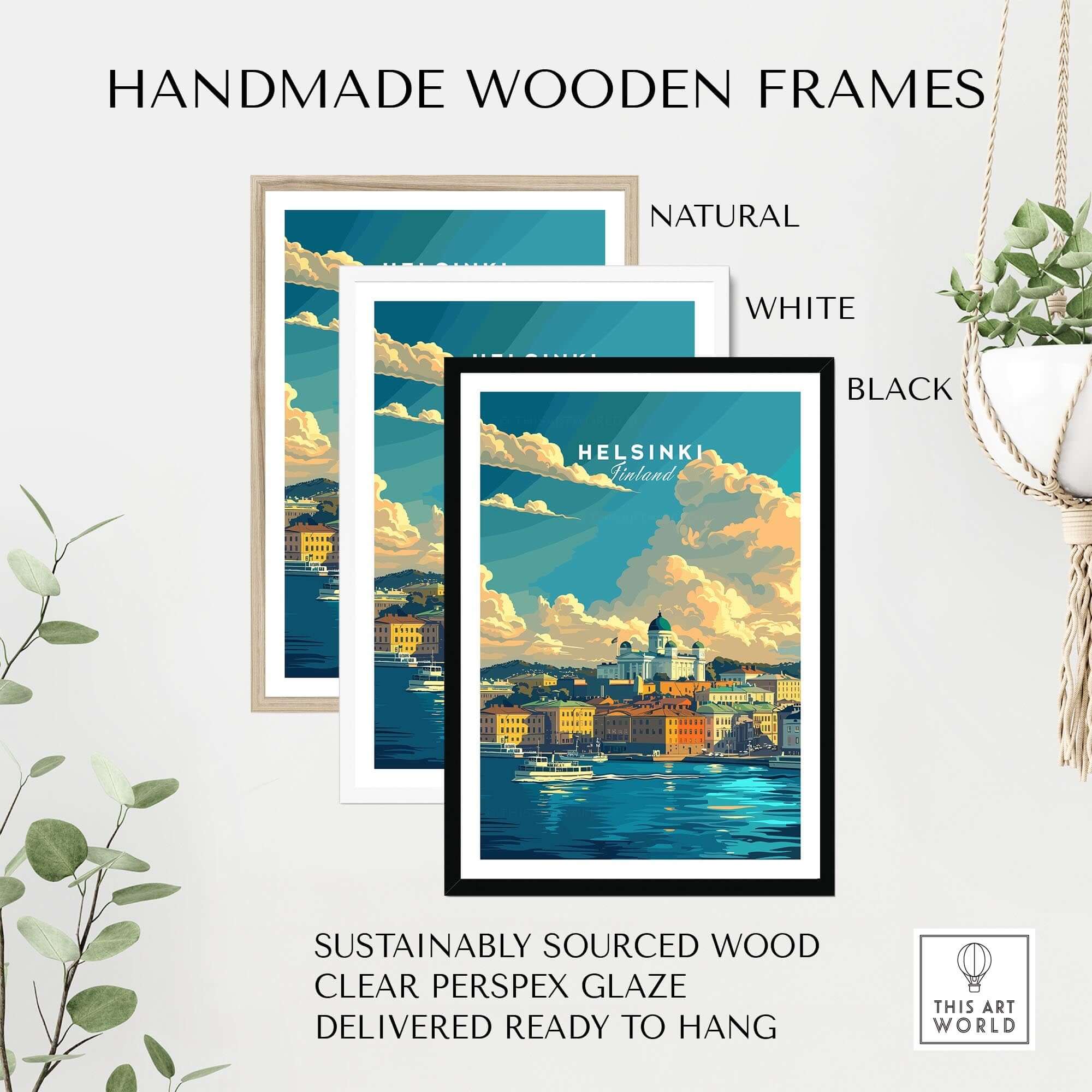 Helsinki Travel Print - Finland framed in handmade wooden frames available in natural, white, and black options.