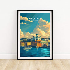 Helsinki Travel Print - Finland showcasing the city's vibrant skyline and waterfront in a stunning art style.
