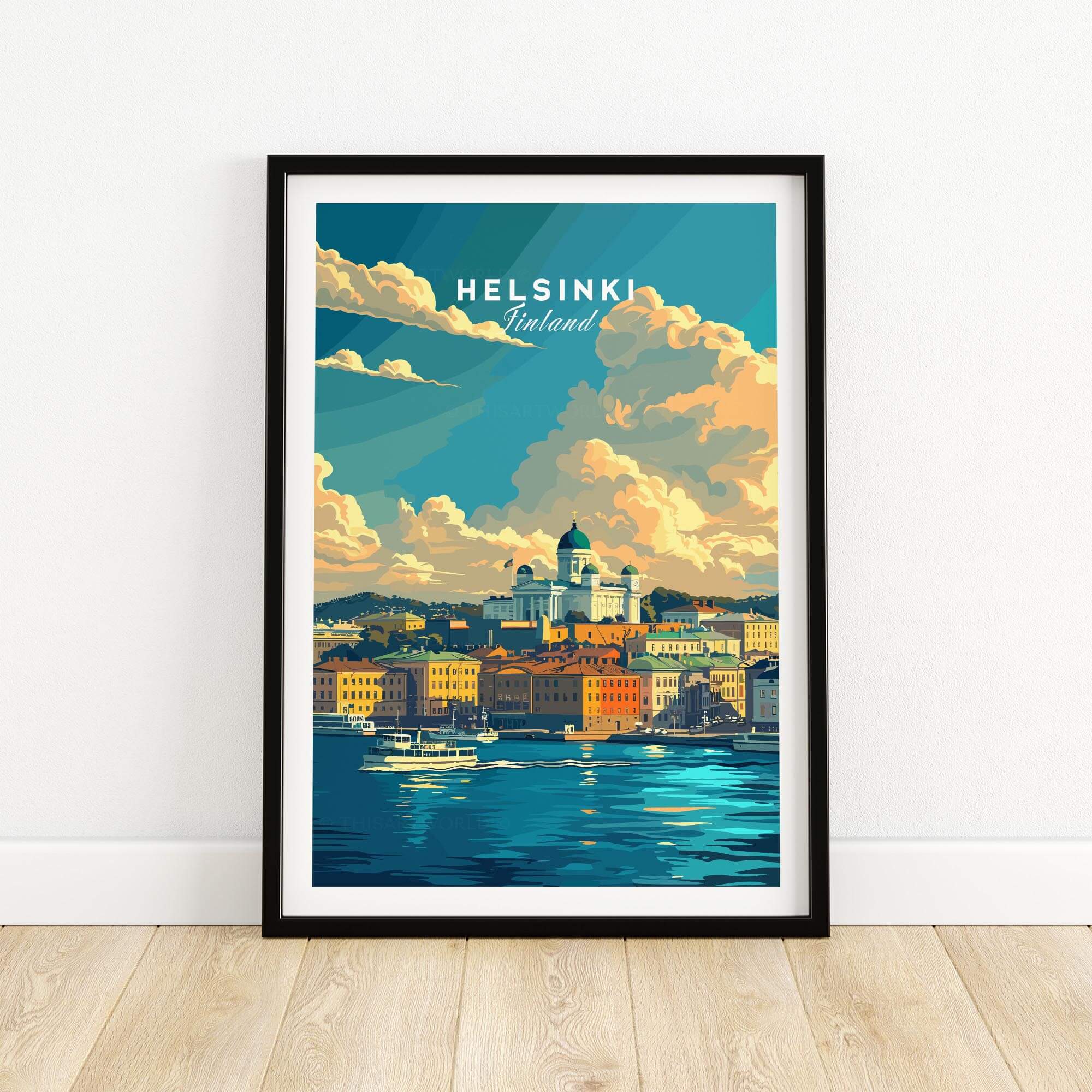 Helsinki Travel Print - Finland showcasing the city's vibrant skyline and waterfront in a stunning art style.