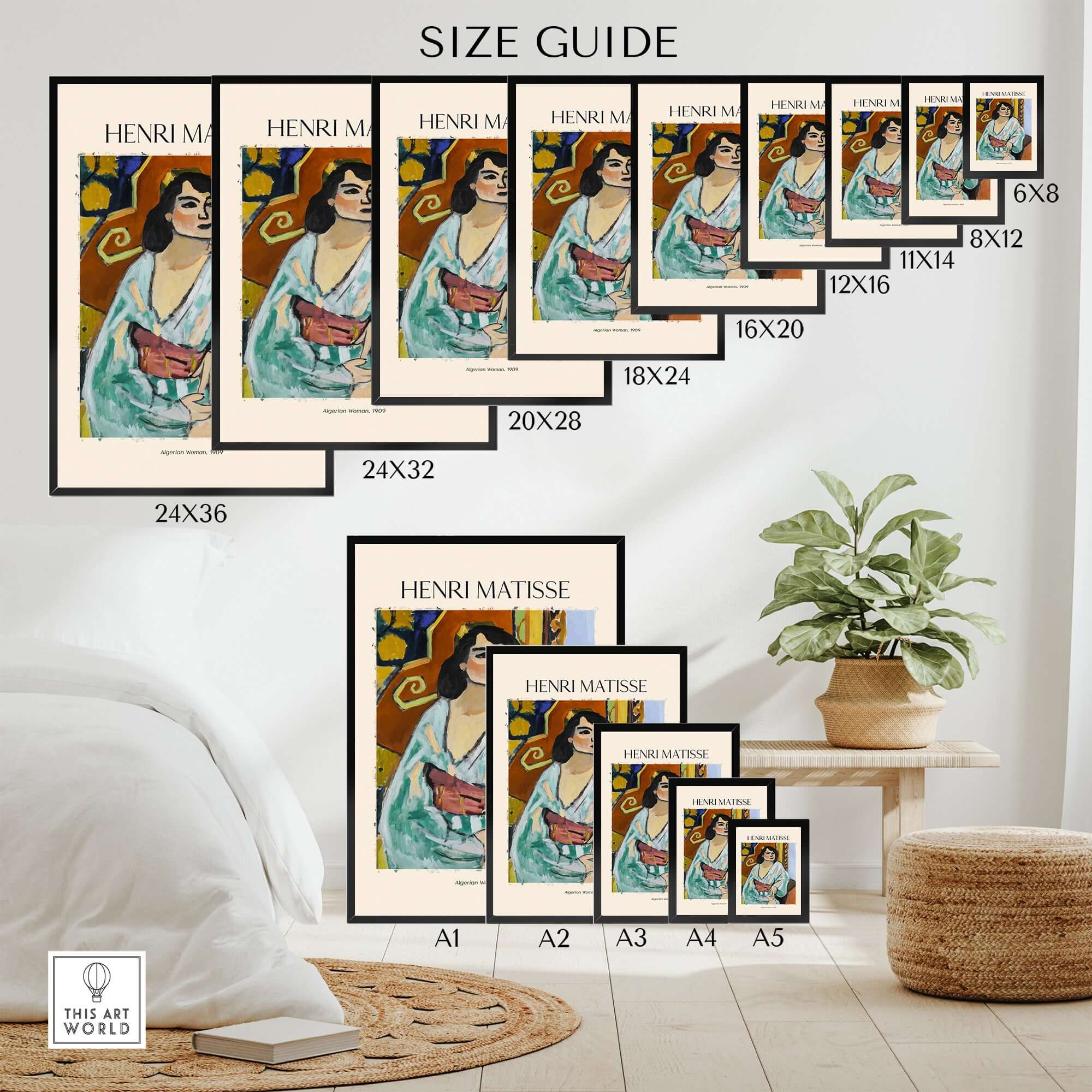 Matisse Poster - Algerian Woman 1909 Fauvist Wall Art Print size guide with multiple frame options displayed.