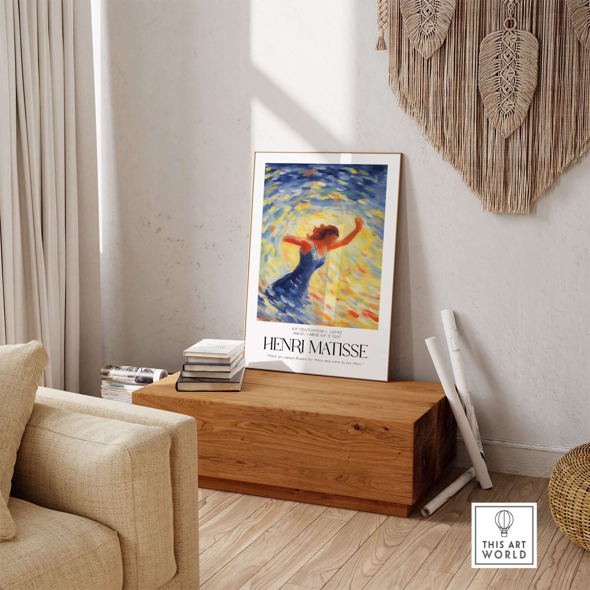 Matisse Art Prints - Dancing Figure Swirl Background Art Print displayed in a modern living room setting.