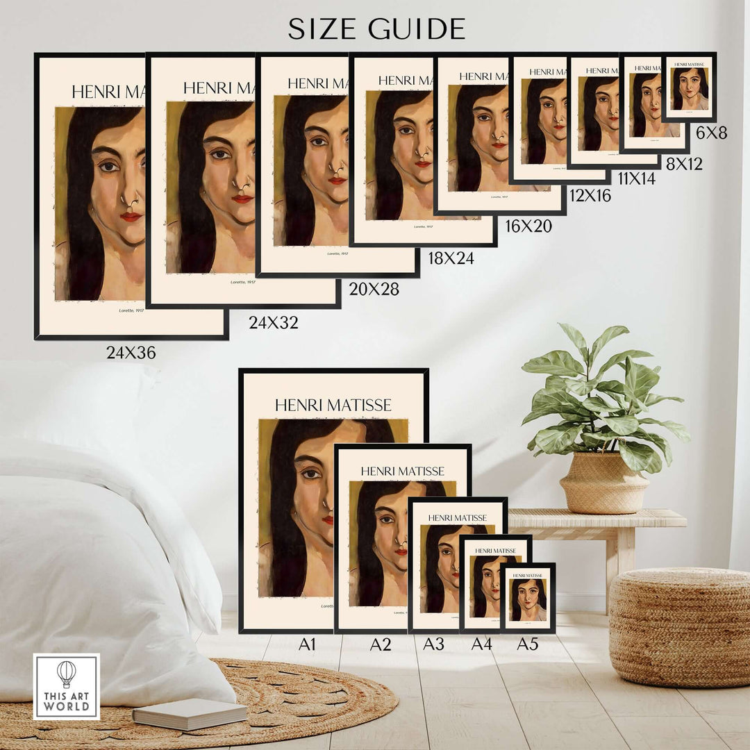 Size guide for Matisse Lorette 1917 portrait print showcasing frame dimensions on a stylish wall.
