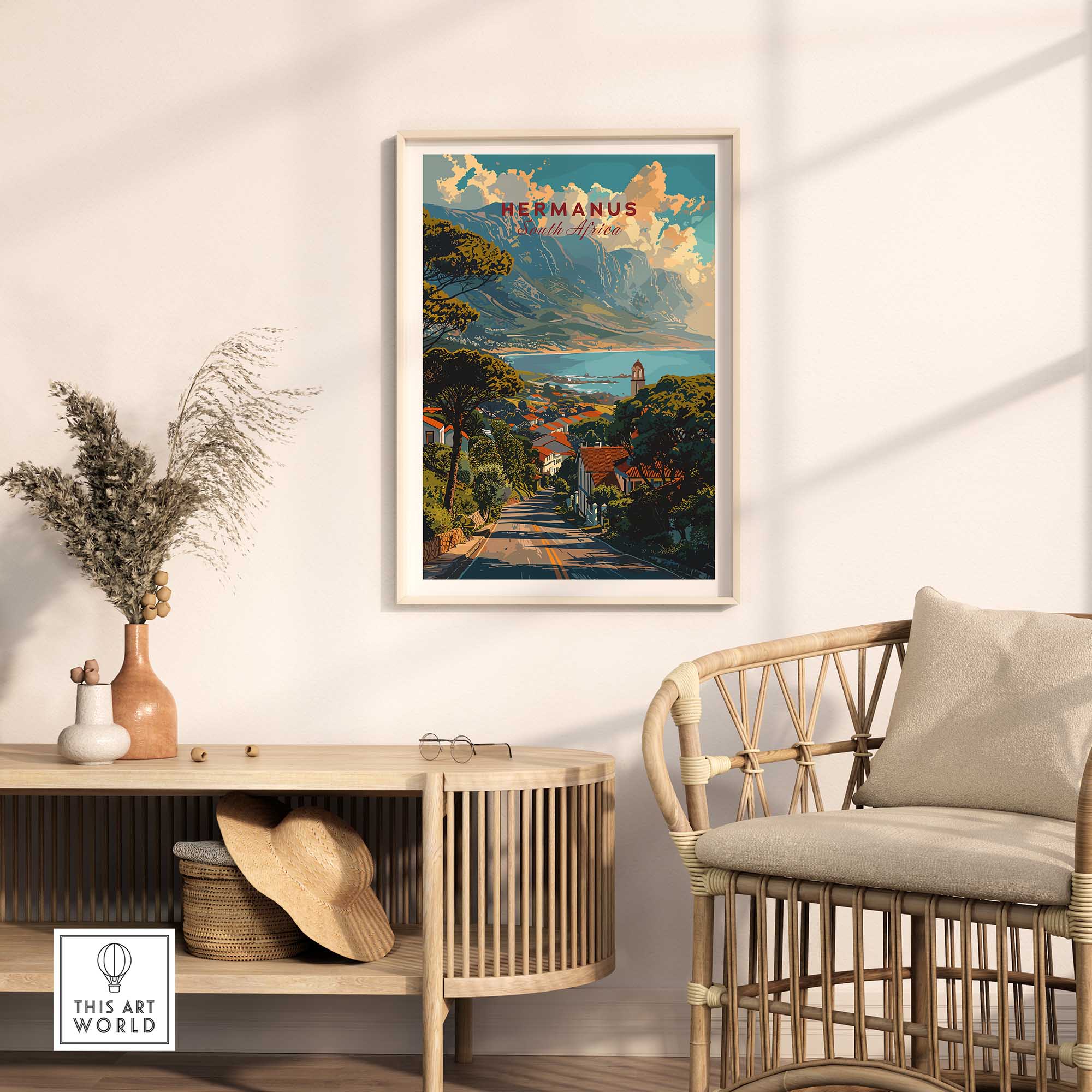 Hermanus Art Print South Africa displayed in a stylish interior featuring a scenic coastal landscape.
