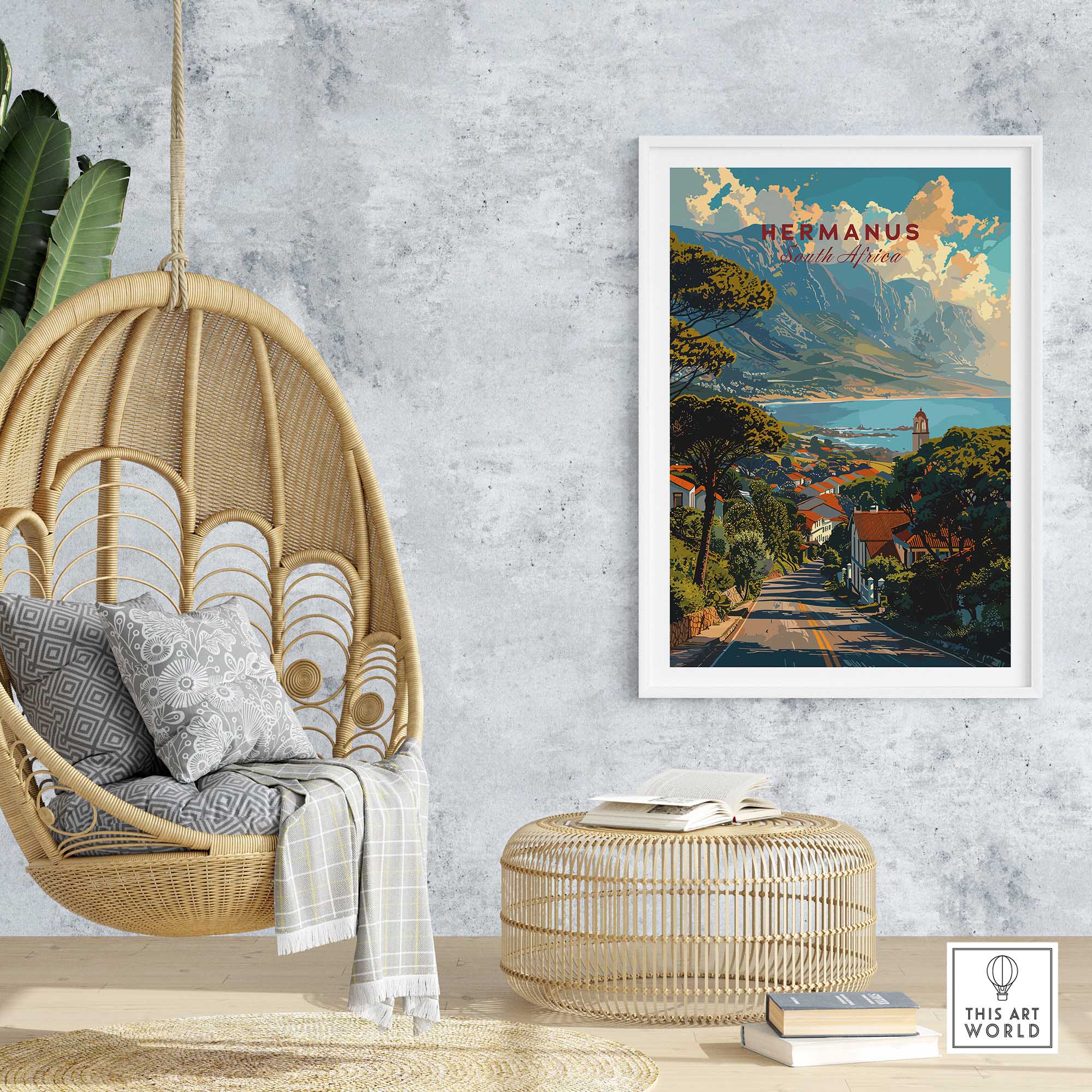 Hermanus Art Print South Africa featuring coastal scenery and vibrant landscapes in a stylish home setting.