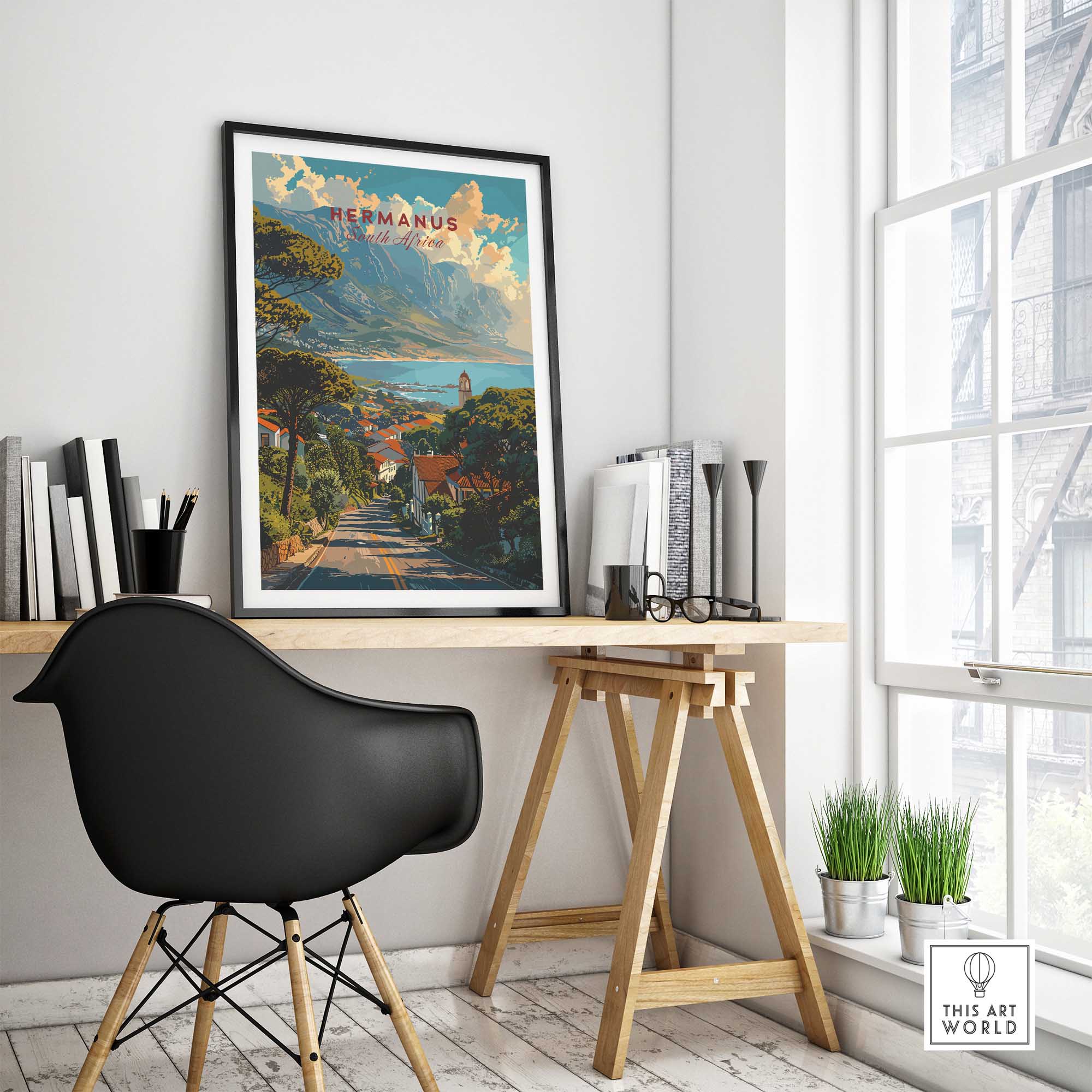 Hermanus Art Print South Africa displayed in a stylish workspace, showcasing the beauty of Hermanus.