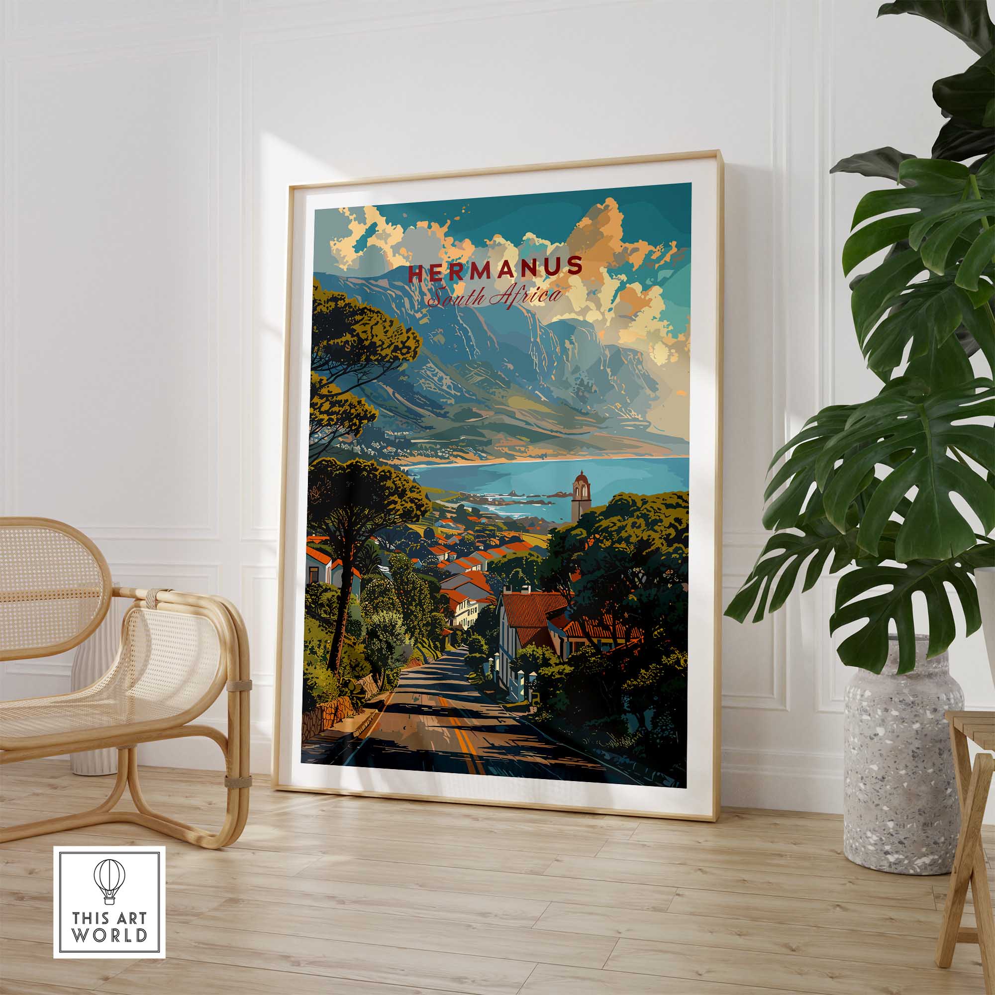 Hermanus Art Print South Africa in a stylish interior showcasing the coastal beauty and vibrant culture of Hermanus.