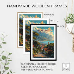 Hermanus Art Print South Africa displayed in handmade wooden frames in natural, white, and black finishes.