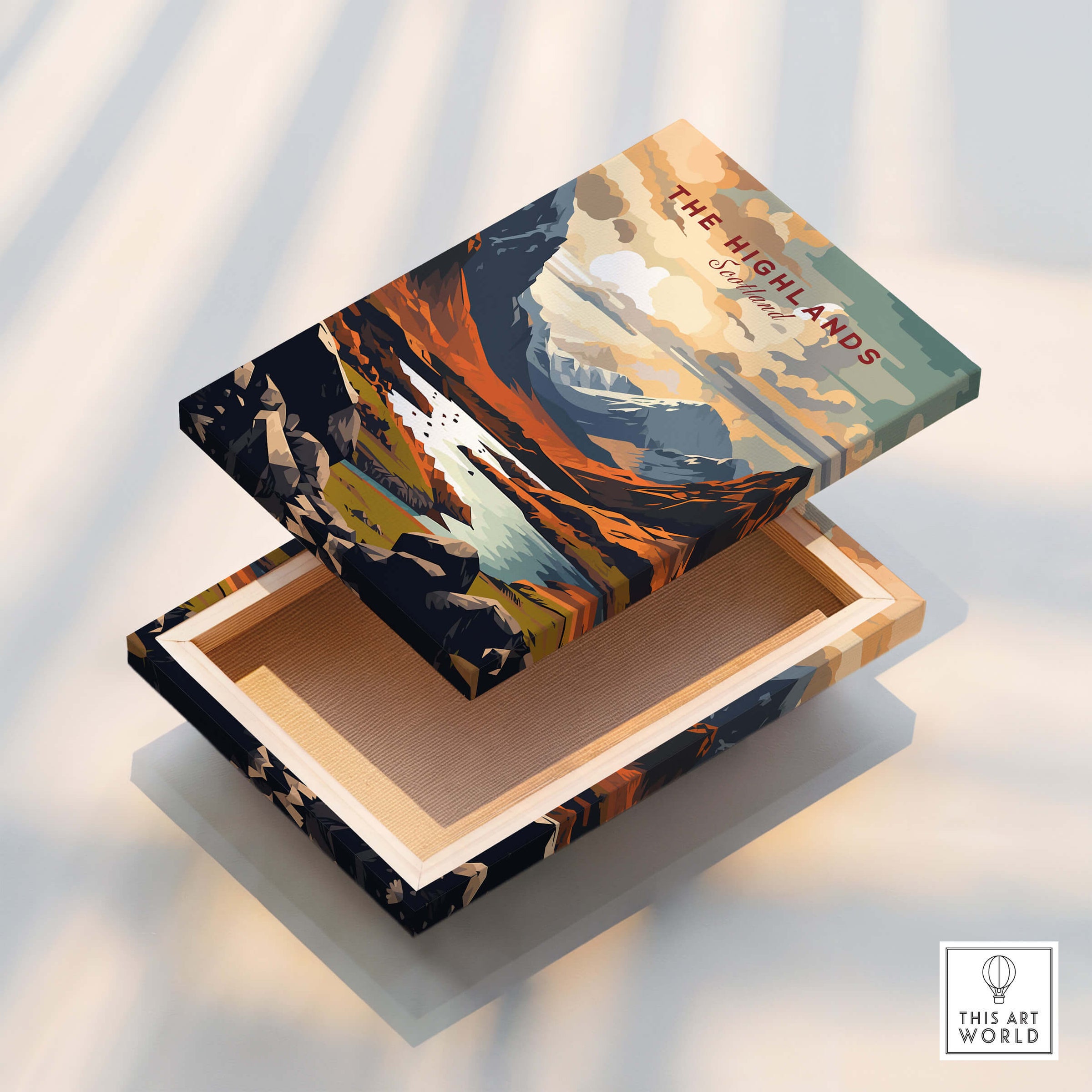 The Highlands Scotland Mountain River Art Print | Glencoe Landscape Poster decorative box with scenic design.