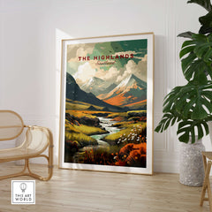 The Highlands Scotland Autumn Valley | Scottish Travel Wall Decor, vibrant poster depicting serene Scottish landscape