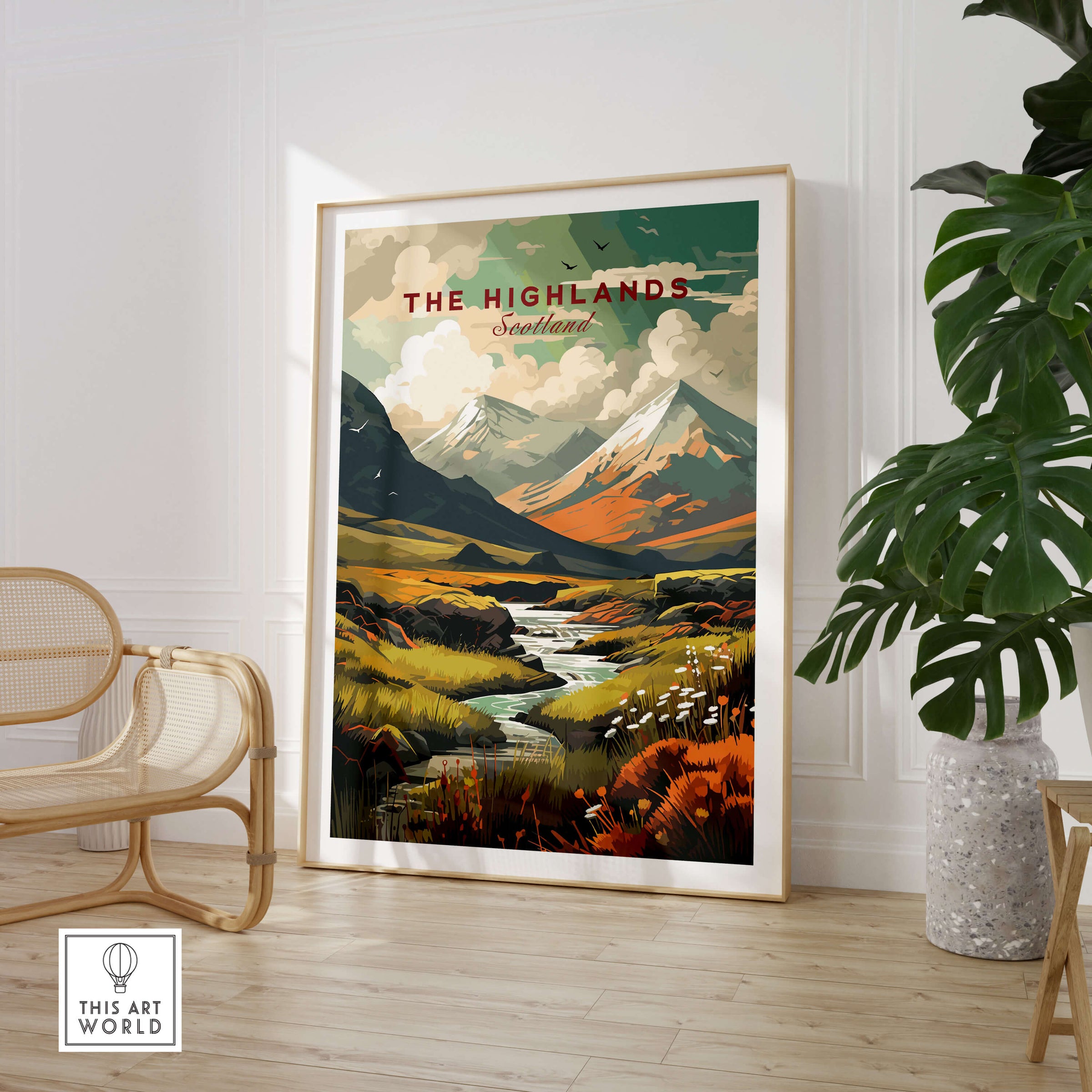 The Highlands Scotland Autumn Valley | Scottish Travel Wall Decor, vibrant poster depicting serene Scottish landscape