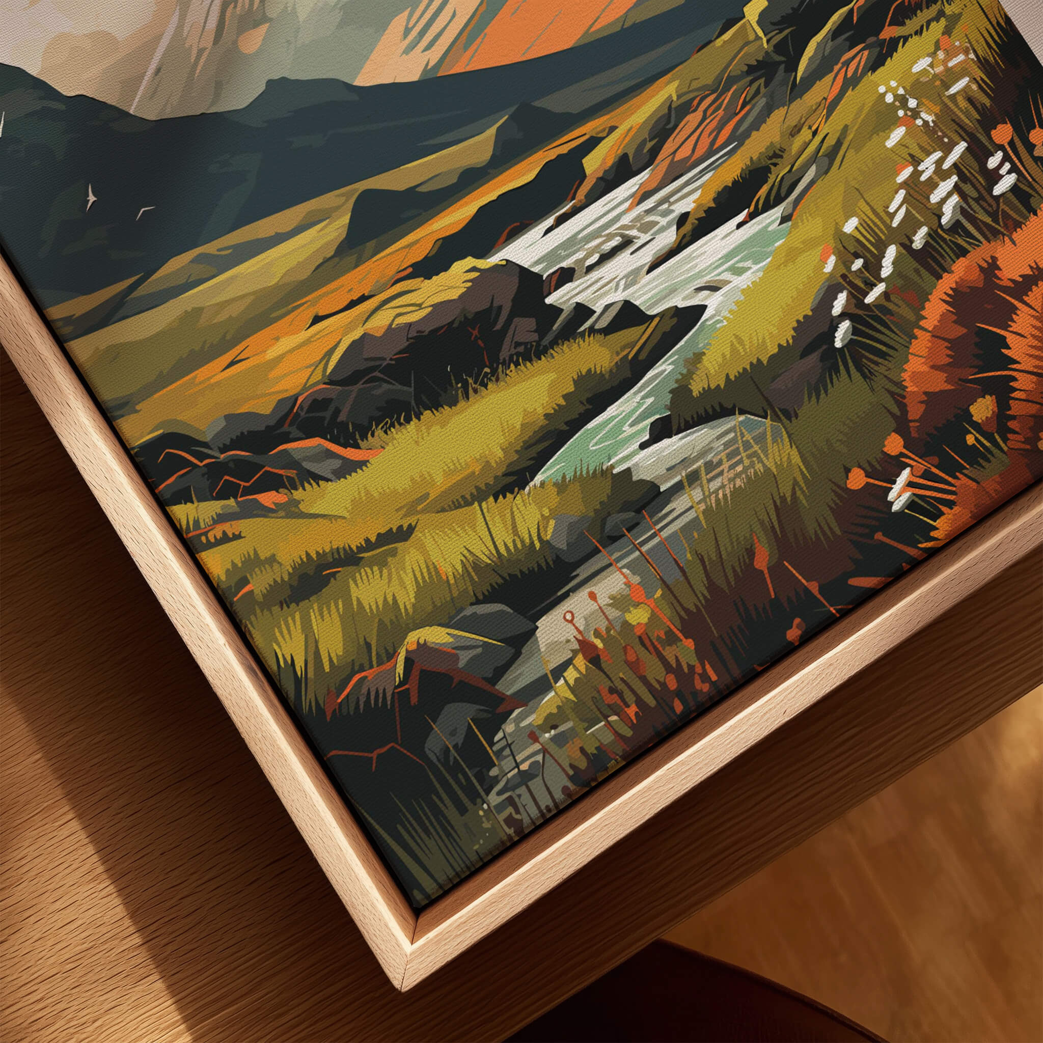 The Highlands Scotland Autumn Valley | Scottish Travel Wall Decor featuring lush green landscapes and serene waterway.