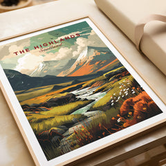 The Highlands Scotland Autumn Valley | Scottish Travel Wall Decor showcasing a vibrant landscape with mountains and rivers.