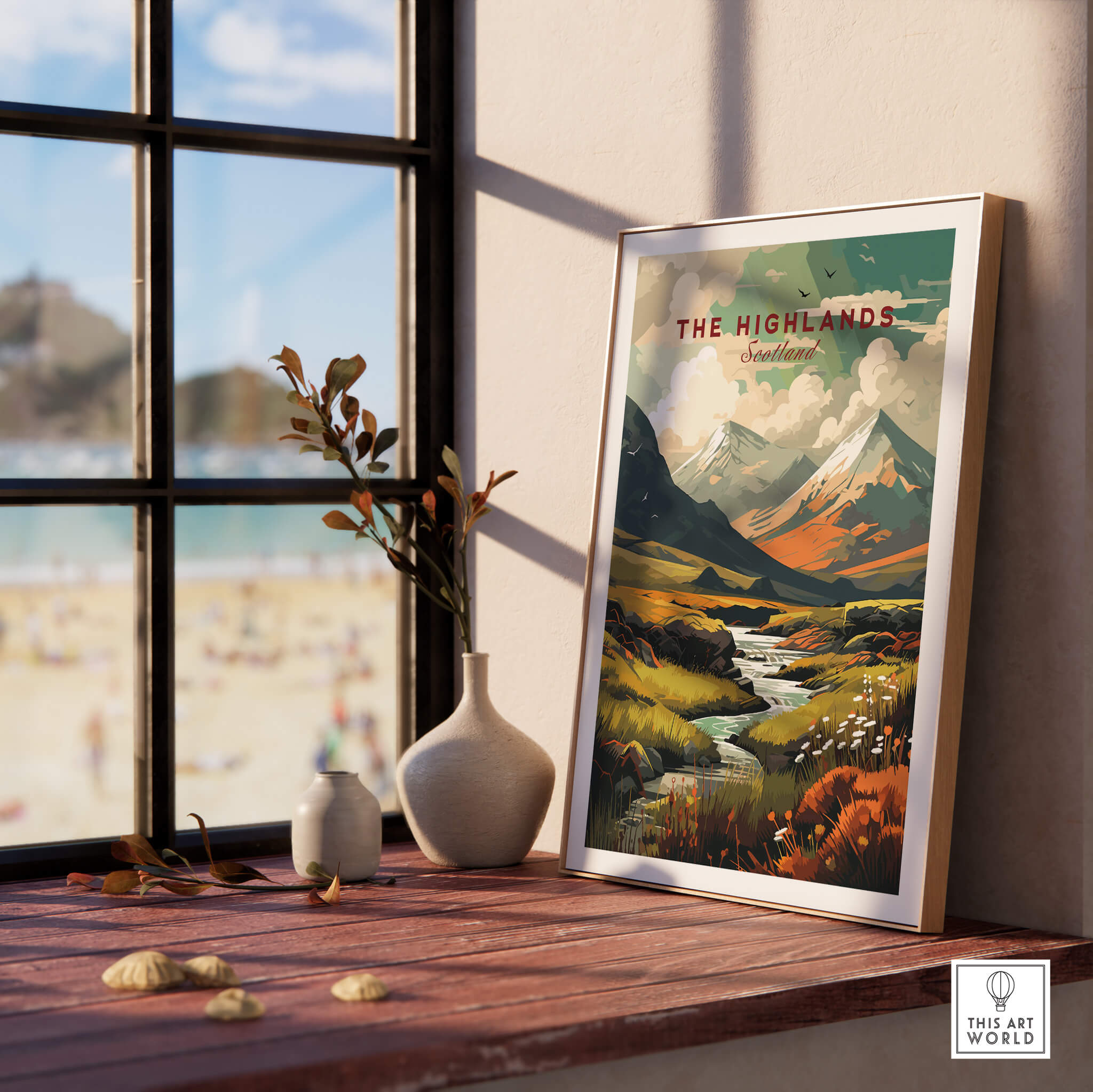 The Highlands Scotland Autumn Valley | Scottish Travel Wall Decor framed print displayed by a sunny window.