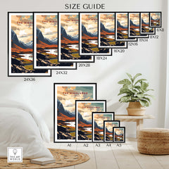 Size guide for The Highlands Scotland Mountain River Art Print | Glencoe Landscape Poster displays different frame sizes.