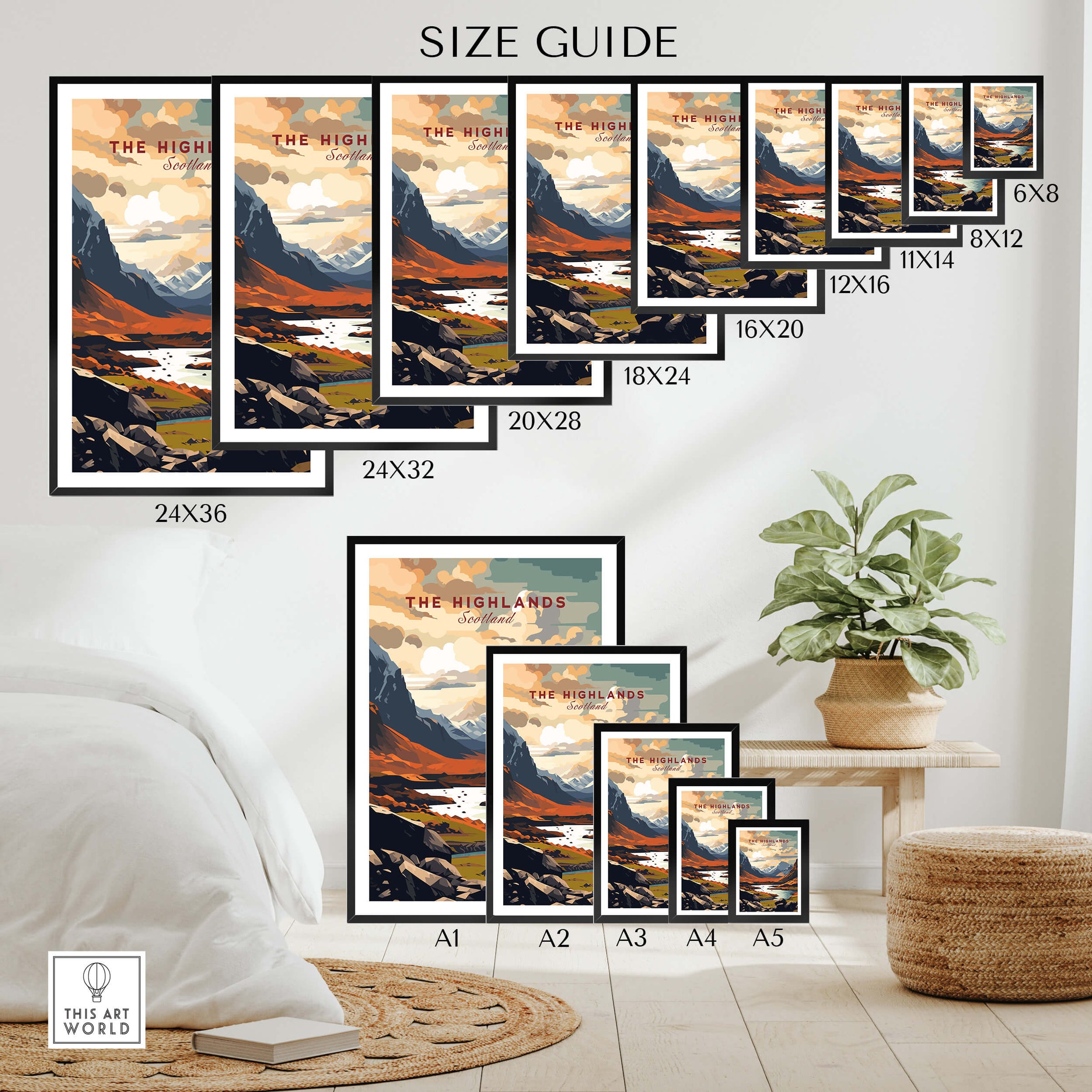 Size guide for The Highlands Scotland Mountain River Art Print | Glencoe Landscape Poster displays different frame sizes.