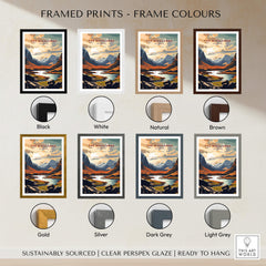 Framed prints of The Highlands Scotland Mountain River Art Print | Glencoe Landscape Poster in various frame colors.