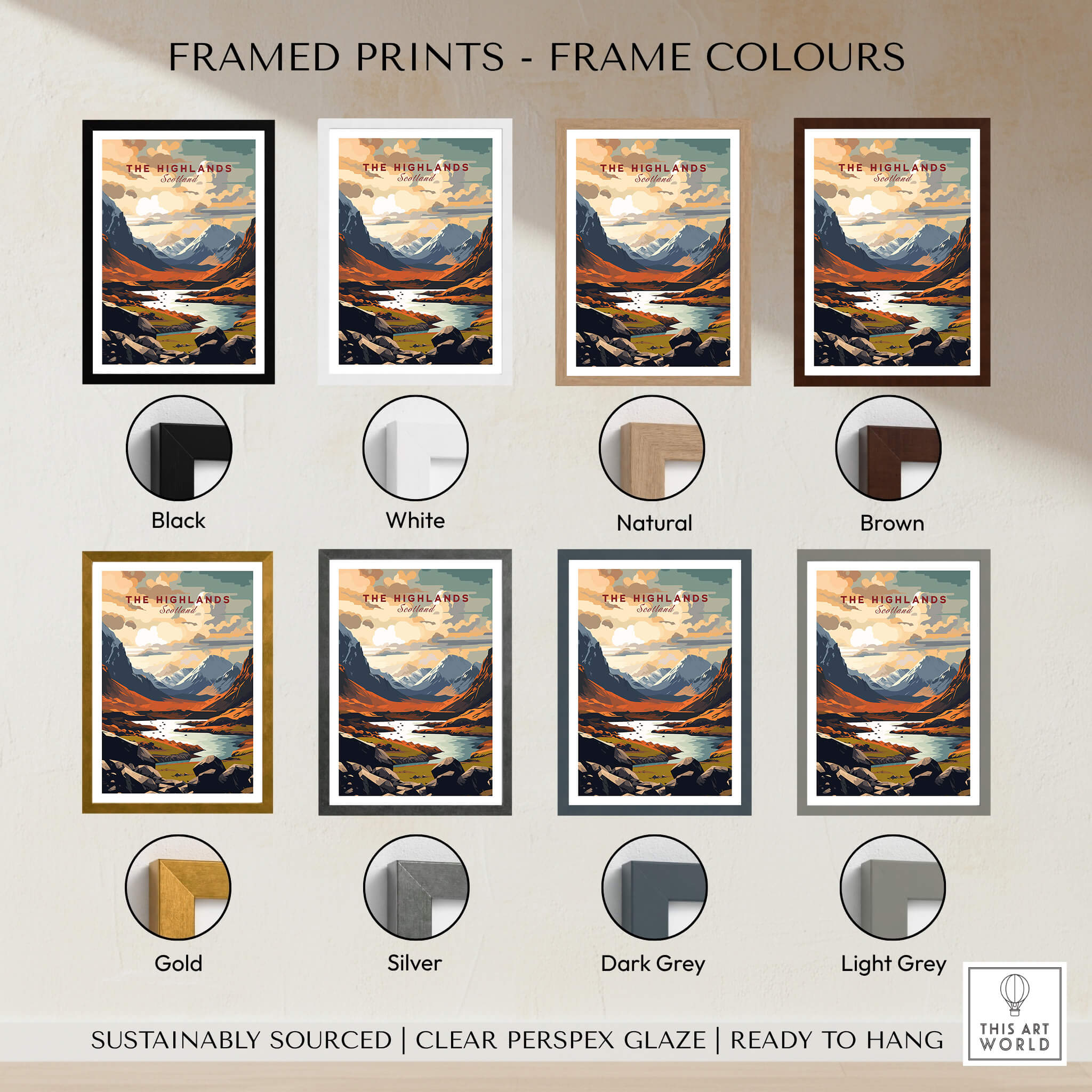 Framed prints of The Highlands Scotland Mountain River Art Print | Glencoe Landscape Poster in various frame colors.
