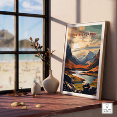 The Highlands Scotland Mountain River Art Print | Glencoe Landscape Poster displayed near a window with beach view.