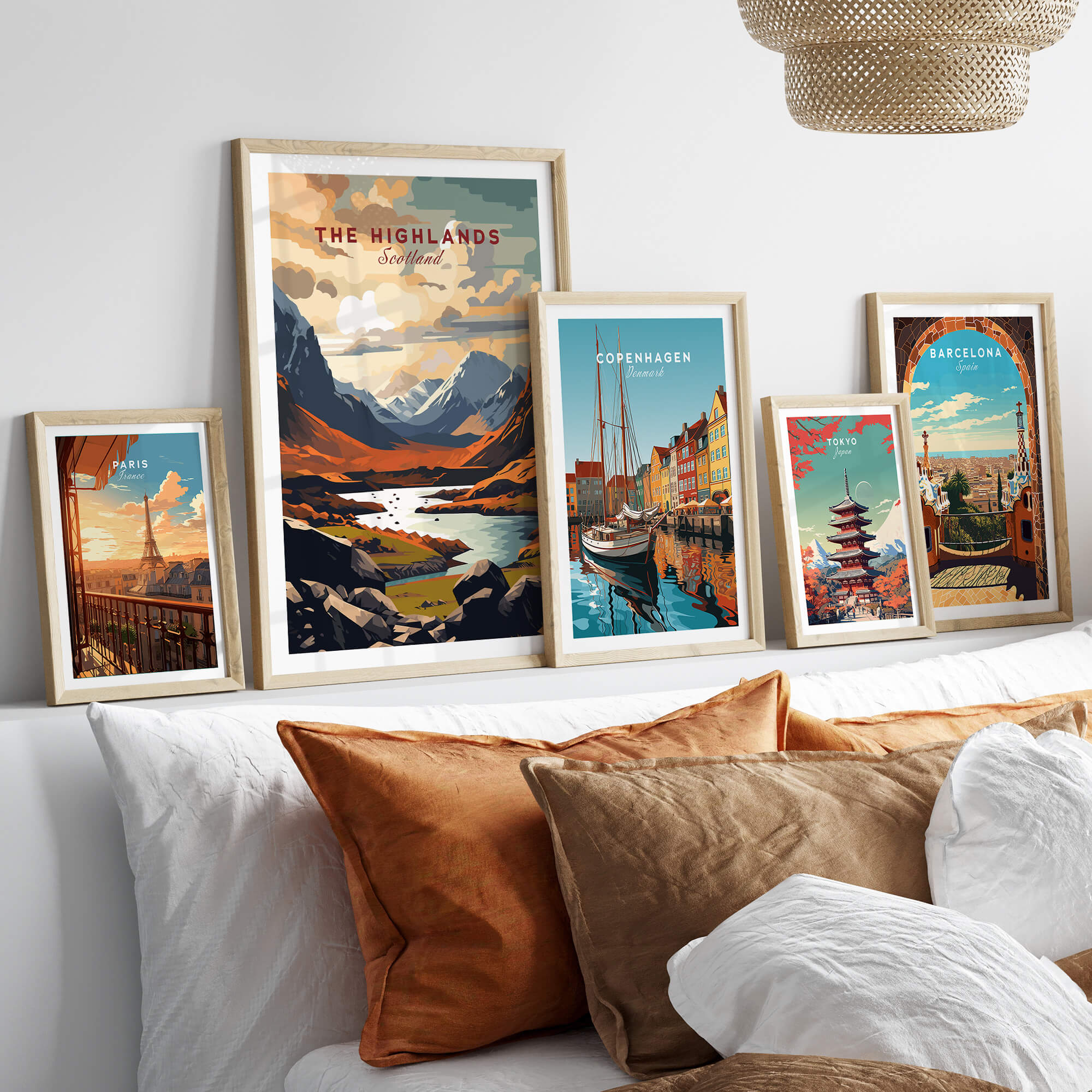 The Highlands Scotland Mountain River Art Print | Glencoe Landscape Poster displayed among various landscape art prints in a stylish home setting.
