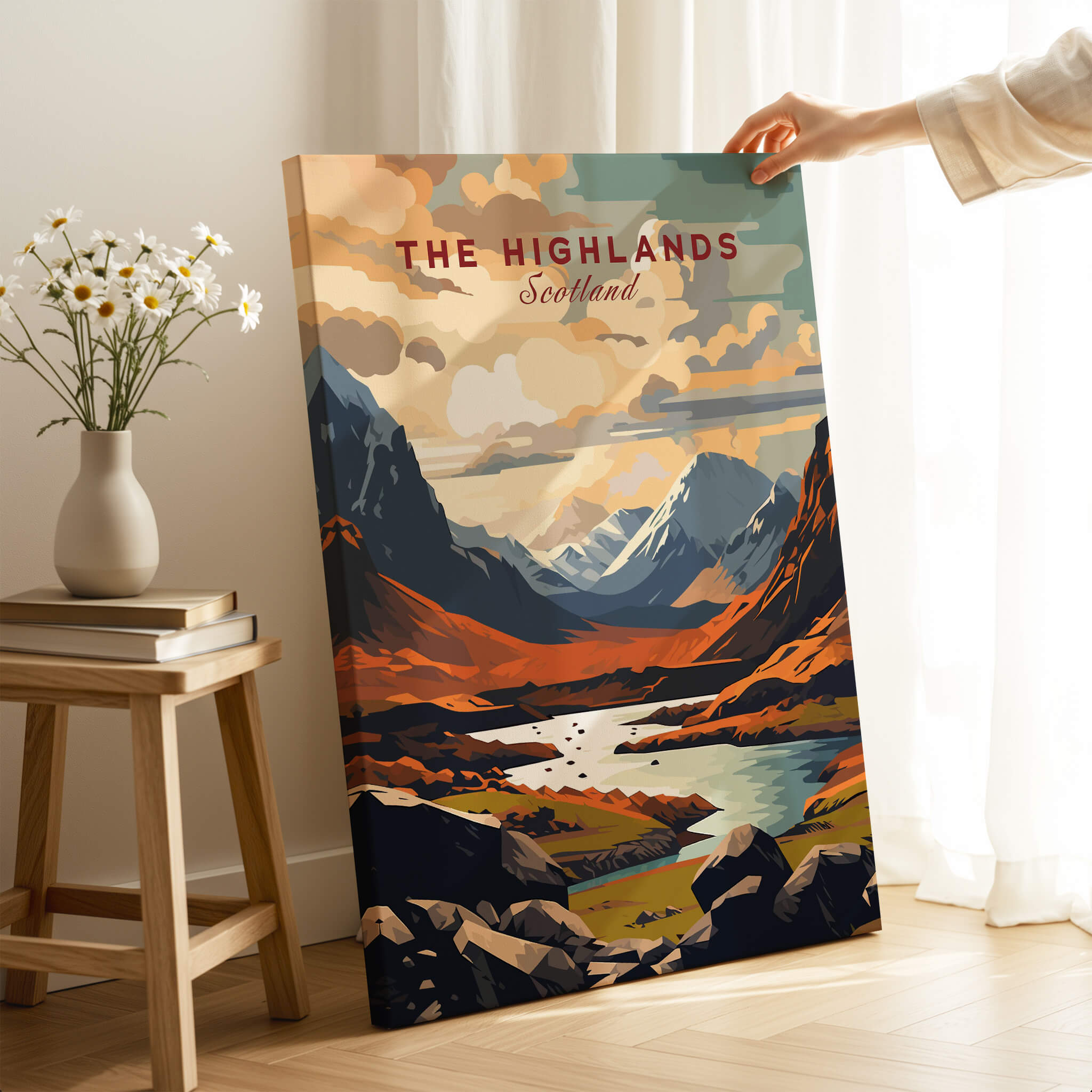 The Highlands Scotland Mountain River Art Print | Glencoe Landscape Poster displayed in a cozy interior setting