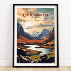 The Highlands Scotland Mountain River Art Print | Glencoe Landscape Poster showcasing rugged mountains and river in stunning colors.