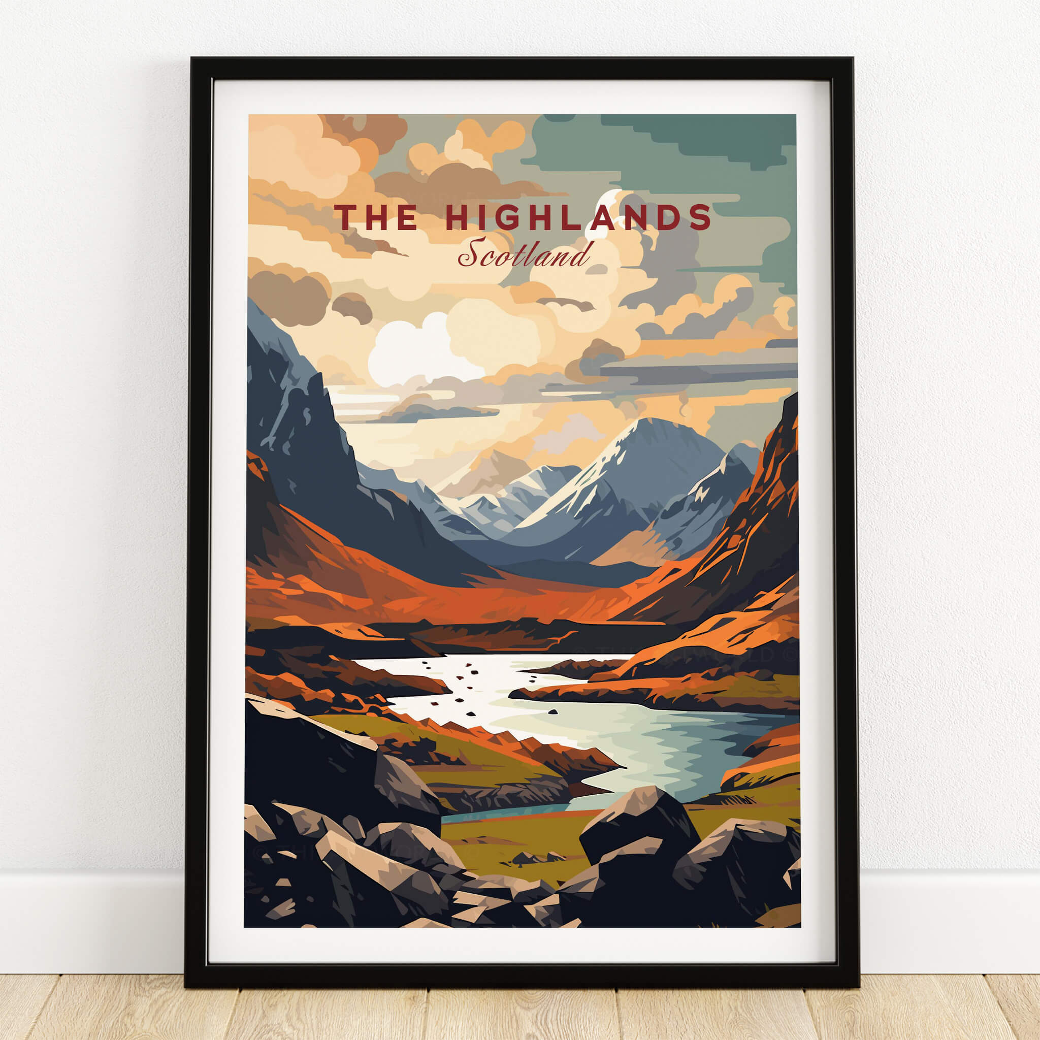 The Highlands Scotland Mountain River Art Print | Glencoe Landscape Poster showcasing rugged mountains and river in stunning colors.