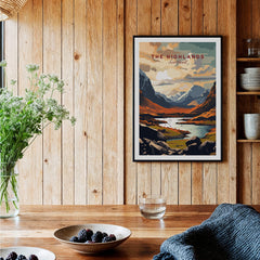 The Highlands Scotland Mountain River Art Print | Glencoe Landscape Poster displayed in a cozy wooden interior.