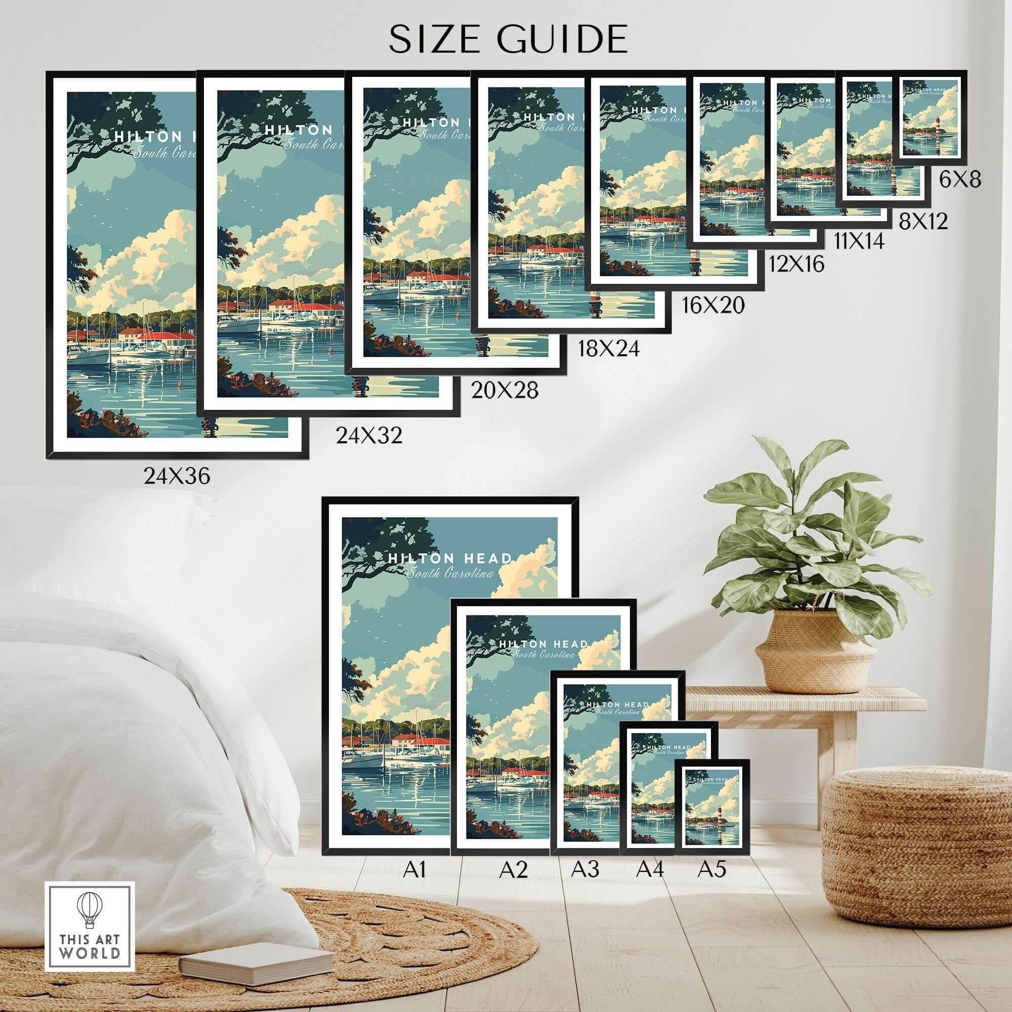 Hilton Head Poster size guide showcasing various frame dimensions for coastal wall art.