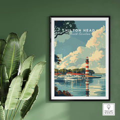 Hilton Head Poster showcasing a lighthouse and serene waters of Hilton Head Island, South Carolina.