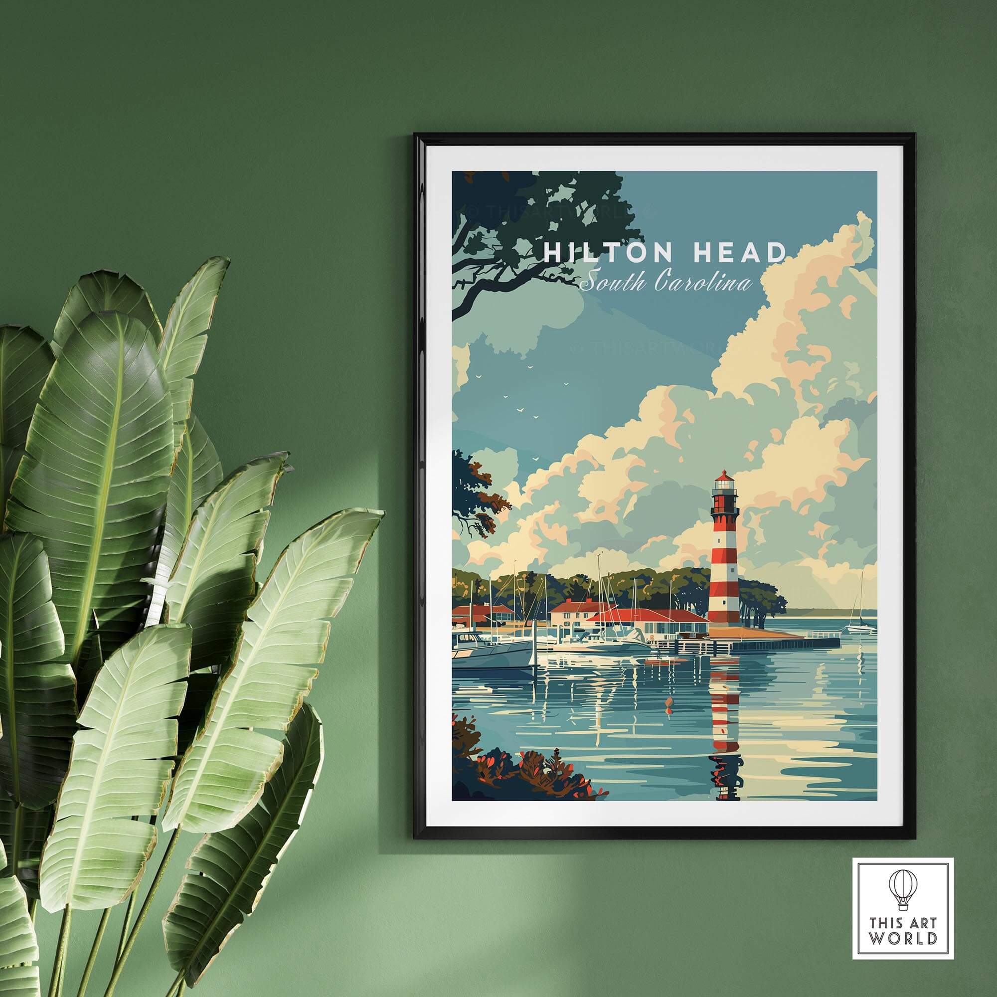 Hilton Head Poster showcasing a lighthouse and serene waters of Hilton Head Island, South Carolina.