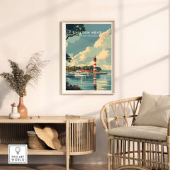 Hilton Head Poster featuring a lighthouse, coastal scenery, and serene colors to enhance home decor.