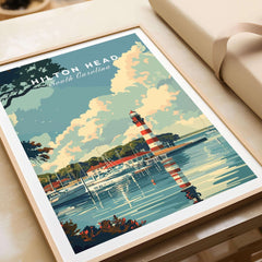 Hilton Head Poster showcasing a scenic lighthouse and vibrant coastal imagery of Hilton Head Island, South Carolina.