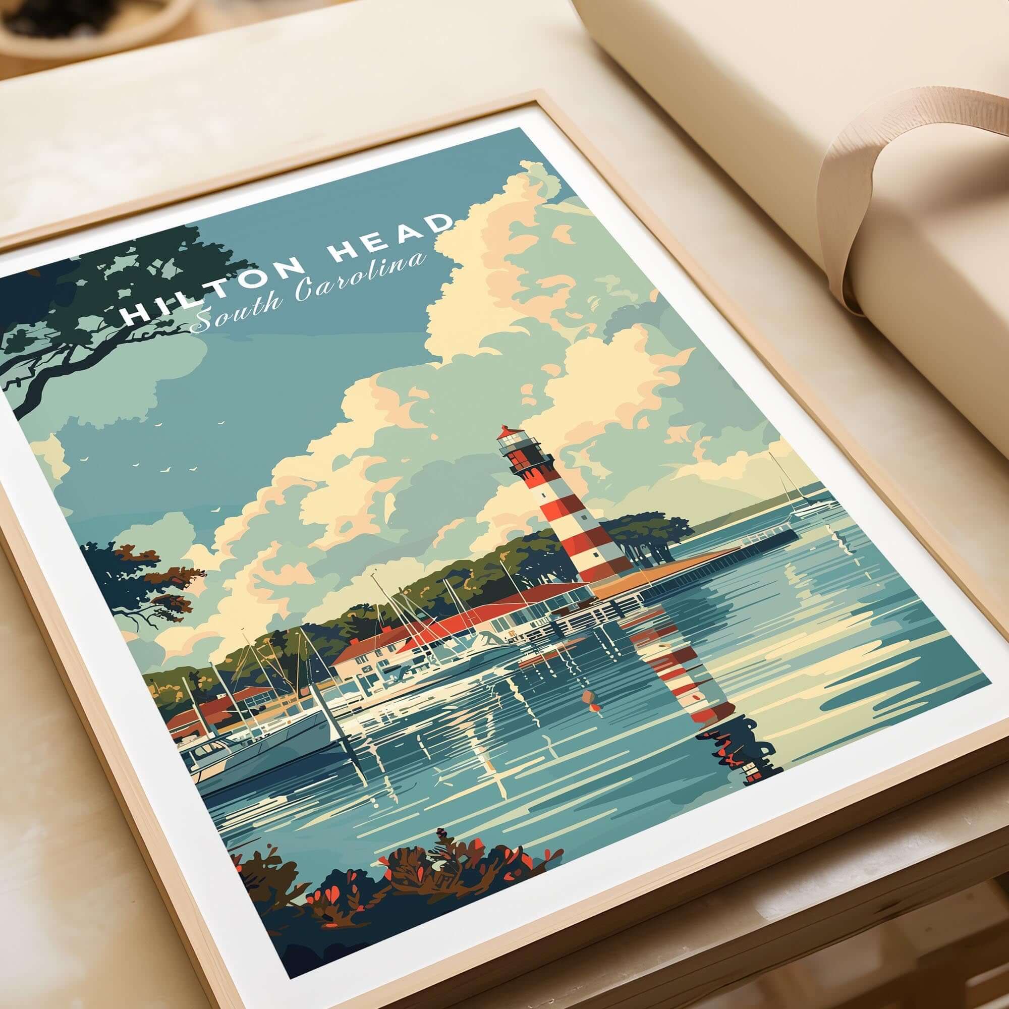 Hilton Head Poster showcasing a scenic lighthouse and vibrant coastal imagery of Hilton Head Island, South Carolina.