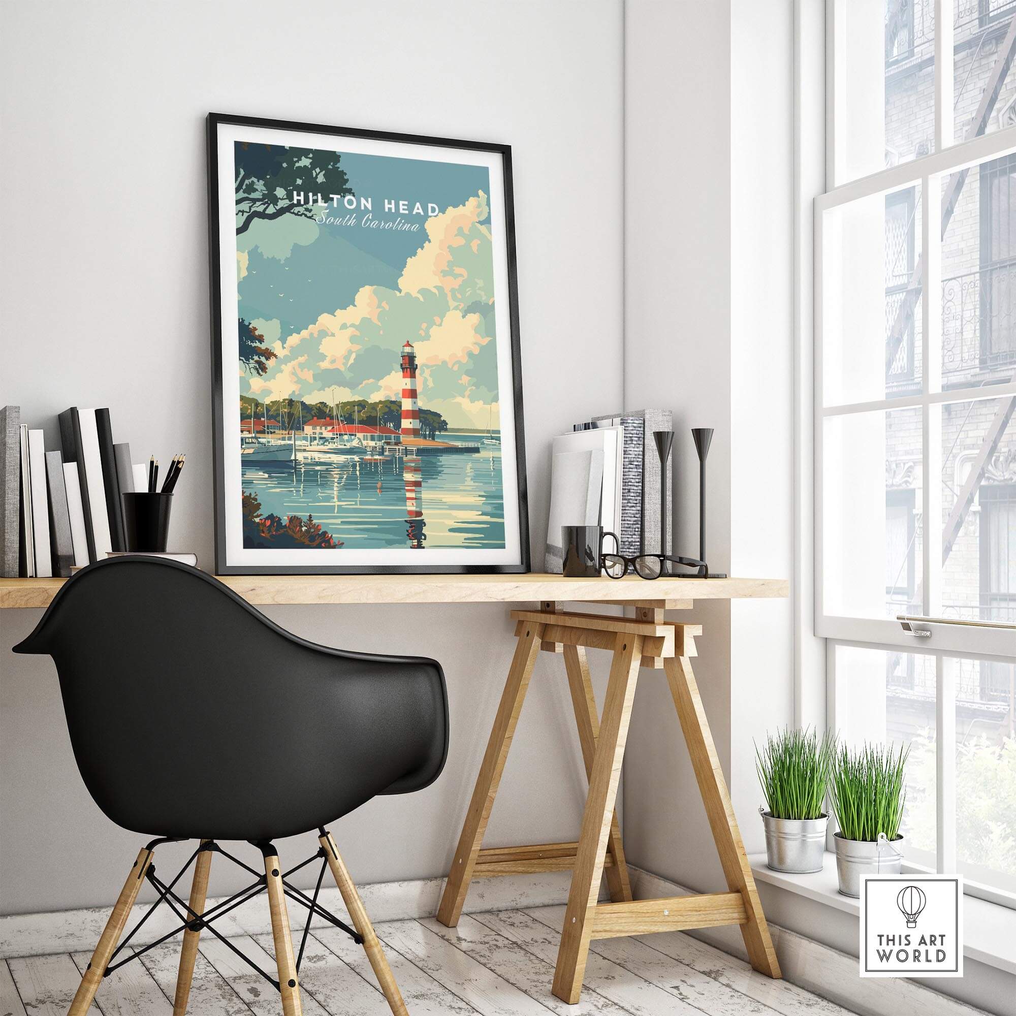 Hilton Head Poster showcasing a scenic lighthouse and coastal view of Hilton Head Island, South Carolina.