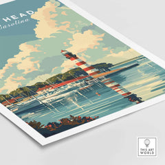 Hilton Head Poster featuring a picturesque lighthouse and marina in South Carolina, ideal for home decor.