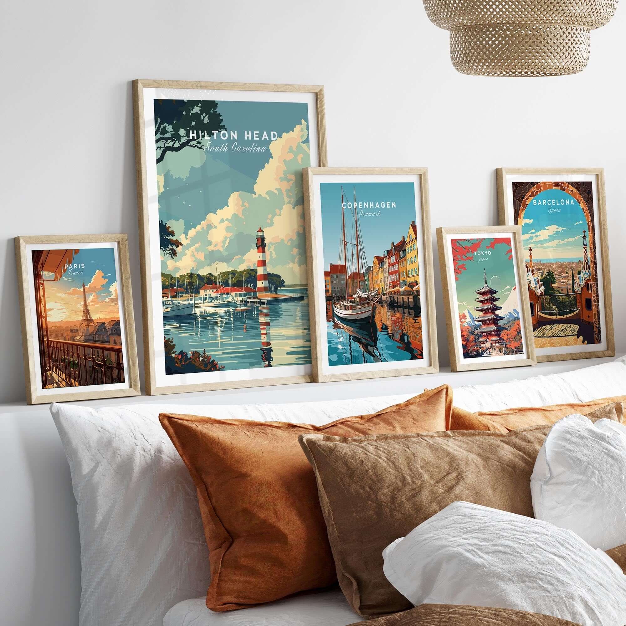 Hilton Head Poster and travel posters displayed in stylish frames on a wall, showcasing coastal charm and travel destinations.